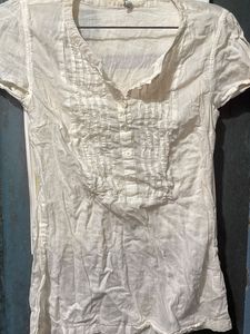 White Linen Blend Button-Up Top