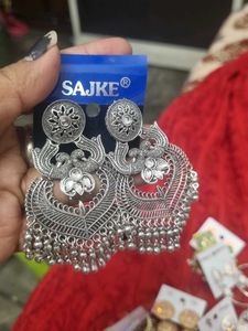Oxidized Silver Peacock Jhumka Earrings