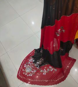 red and black party wear heavy work saree