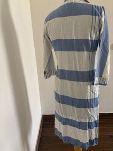 Blue &amp; White Striped Embroidered Kurti