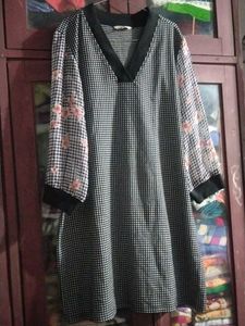 Checkered Dress with Floral Sleeves