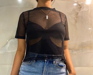 Solid Crop Sheer Top