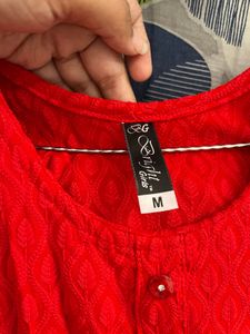 Bright Red Ethnic Kurti with Button Detail