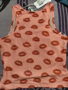 Pink Lips Print Mesh Top