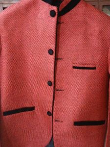 Red Herringbone Blazer - Mandarin Collar