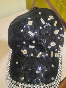 Rhinestone Embellished Black Cap