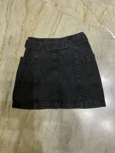 Black Denim Belted Mini Skirt