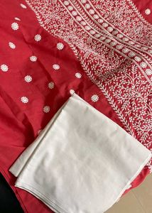 Red &amp; White Embroidered Salwar Kameez Material