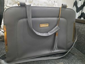 Grey Handbag with Gold Accents