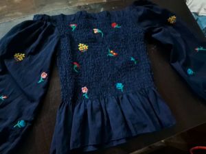 Navy blue off shoulder top with embroidery