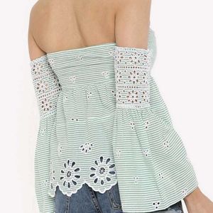 Striped Green off shoulder Crop Top