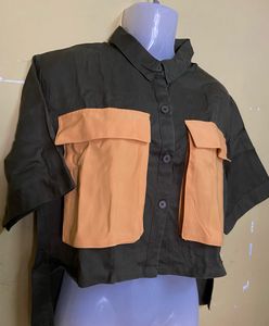 Olive High Low Shirt With Big Pockets