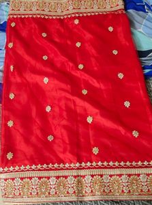 Red With Sandal Net &amp; Silk Saree