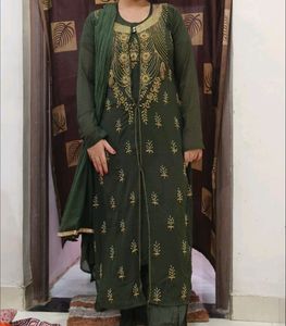 Olive Green Plazo And Jacket Dress