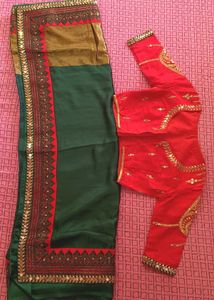 Stylish Green Saree with Red Blouse