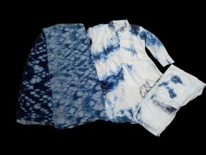 blue and white shibori tie-dye kurta Pant With 🧣