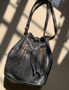 Imported black faux leather bucket bag