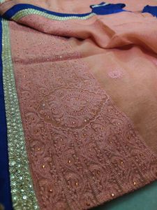Peach Saree with Blue Blouse 💕