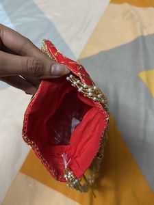 Red &amp; Gold Embroidered Potli Bag