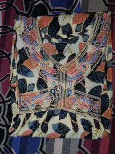 Embroidered Floral Print Blouse Kurti