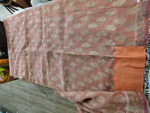 Coral And Beige Embroidered Saree (Women&#39;s)