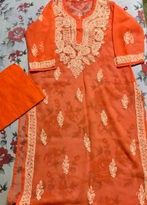 Peach Chikankari Kurta Set