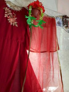 Red Embroidered Anarkali With Plazzo And Duppata