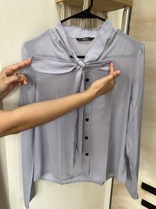 Formal Top With Tie Up Neck Line Detailing In Grey Color And Full Sleeves