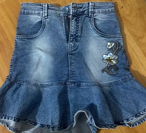 Denim Skirt with Floral Detail