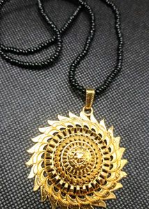 Gold Sunflower Pendant Black Bead Necklace