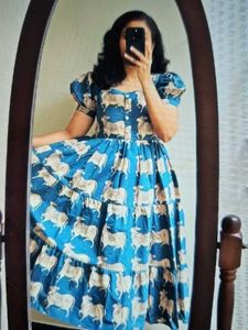 Blue Tiered Midi Dress with Sheep Print