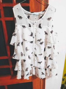 Cute Cat Print Ruffle Top