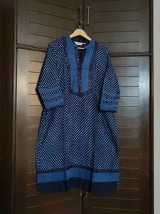 Biba Women Blue Printed Cotton Mix Straight Kurta