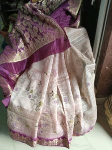 Used CreamColor With PurpleBorder TussarSilk Saree