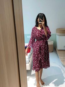 Maroon Fit &amp; Flare Midi Dress with Bell Sleeves