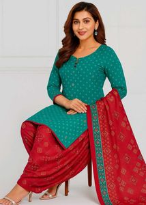 Teal & Red Printed Unstitched Salwar Suit
