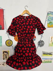 Red &amp; Black Print Ruffle Dress