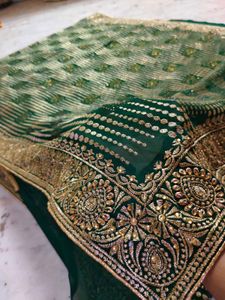Green &amp; Gold Embellished Saree