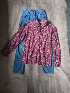 purple printed shirt and denim jean combo