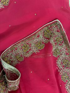 Coral Colour Saree With Stitched Blouse