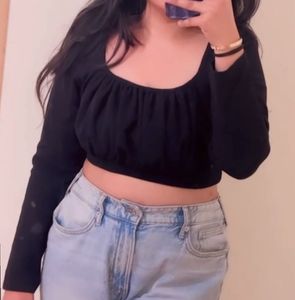 Black Long Sleeve Crop Top Fits S To L