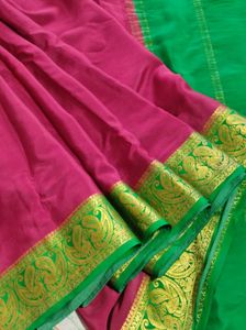 Maronish Red And Green Pure Crepe Silk Saree