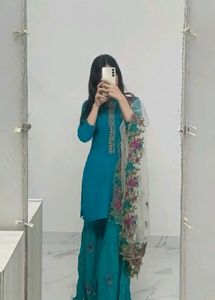 Teal Floral Dupatta Gharara Suit