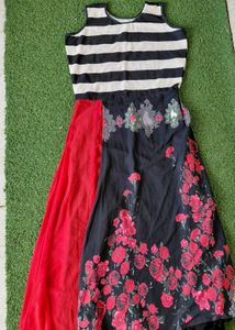 Floral &amp; Striped Black Red Ethnic Kurti Dress