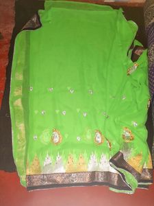 Green Embellished Saree With Stiched Blouse