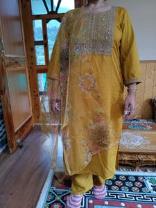 Elegant Mustard Salwar Kameez With Organza Duppata