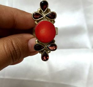 Coral And Garnet  Gemstone Statement Ring
