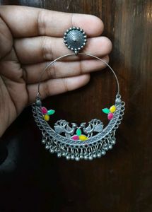 Silver Oxidised Ethnic Peacock Earrings