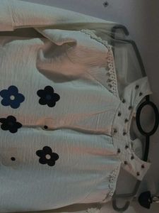 Office White High Necked Net Top With Floral Sleev