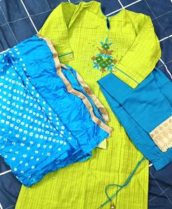 Parrot green and blue colour kurta set